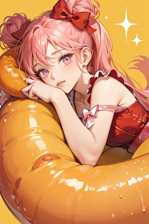 A red hot dog resting on a bun with one slanted eye. Mustard is spread on top of her, and on each side is a pink bow. SPARKLE; GLITTER
