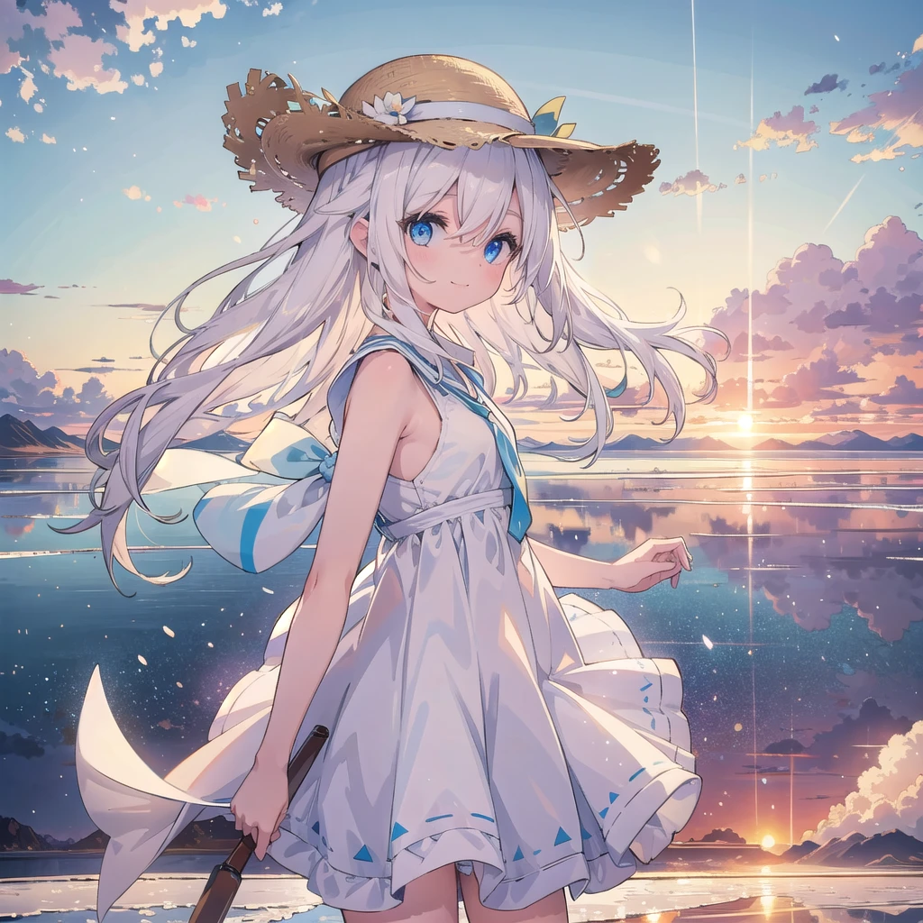 1 Girl, masterpiece, Extremely detailed, (Beautiful and delicate light), lens flare, White hair, short hair, Flowing hair, look back, Back, Smile, blue eyes, White Dress, Medium breasts, Upper Body, Wide-angle lens, straw hat, ((Uyuni Salt Flats)), sunrise, cloud, Backlight, 紫色Sky, Sky, 渐变Sky, Place your hands on your hat
