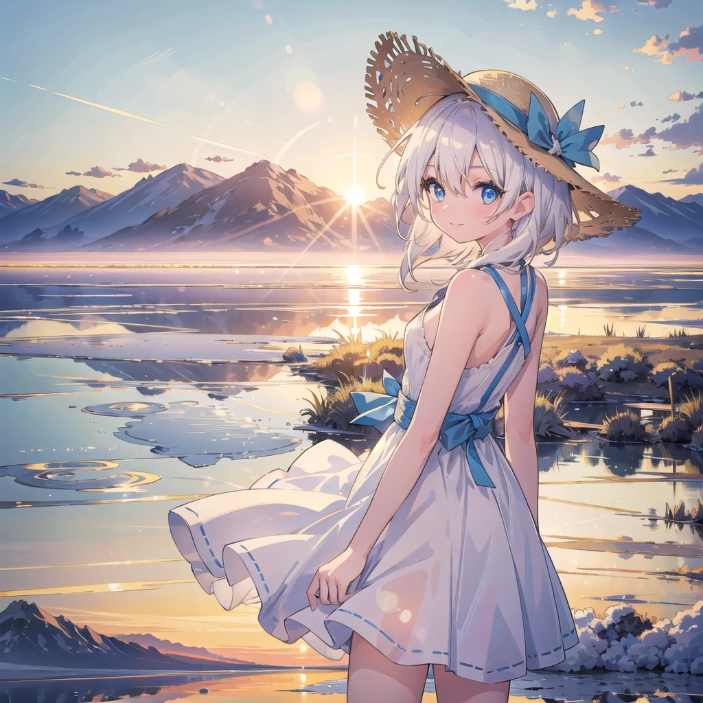 1 Girl, masterpiece, Extremely detailed, (Beautiful and delicate light), lens flare, White hair, short hair, Flowing hair, look back, Back, Smile, blue eyes, White Dress, Medium breasts, Upper Body, Wide-angle lens, straw hat, ((Uyuni Salt Flats)), sunrise, cloud, Backlight, 紫色Sky, Sky, 渐变Sky, Place your hands on your hat