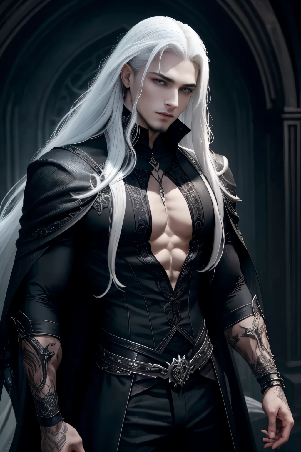 black fantasy, Mediovale, Gothic, vampyre, young guy, with long white hair, strong build, Open chest, High definition