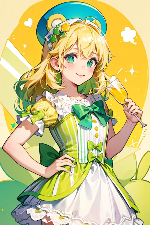A lime and yellow striped Num that resembles a drinking cup with a happy face and a white lid. She has a thick golden-yellow straw attached to an orange polka-dot bow, and two lime-colored bear ears. SPARKLE; GLITTER