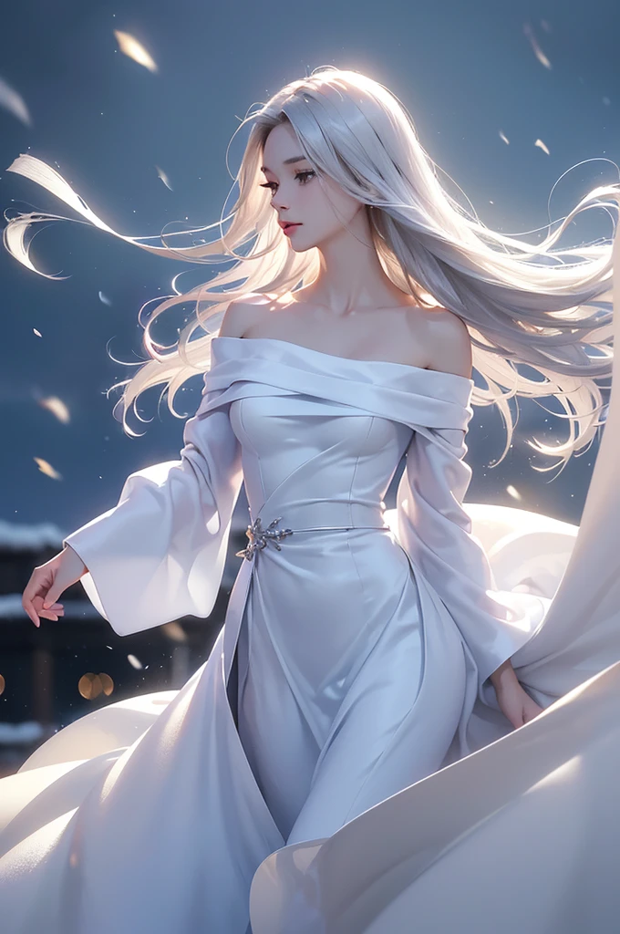 ((masterpiece:1.5、8k、Portraiture、フォトリアリスティックでVery detailedなCG、Very detailed、Particle Effects、Dynamic Effects、Shallow depth of field、Cinematic Light、Lens flare、Ray Tracing、Tabletop、Realistic:1.4、Ultra-high resolution:1.2、Realistic、Realistic))((alone、,A woman wearing a cashmere coat over an off-the-shoulder dress:1.4、Elegant woman posing、Detailed face、bright表情、young, bright, Whiter skin、Ample breasts、Best Looks、Ultimate beauty、Shiny silver hair with highlights、bright and shiny hair,、Super long, Silky straight hair、Hair dancing in the wind))(morning、The setting is outdoors in the snow、Surrounded by illuminations)Wear warm clothes
