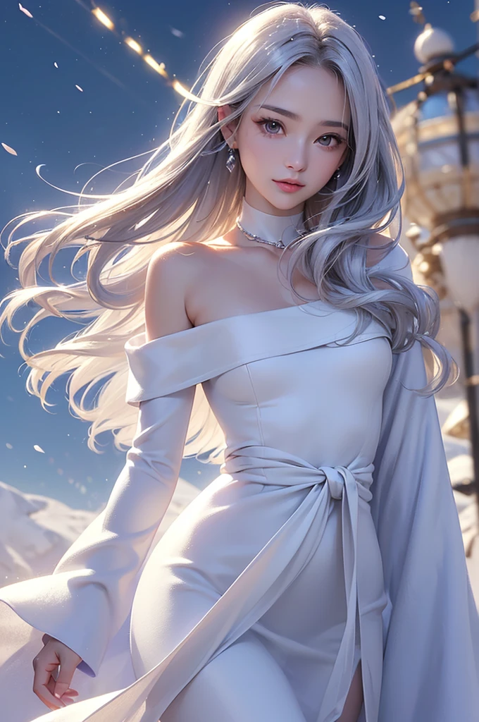 ((masterpiece:1.5、8k、Portraiture、フォトリアリスティックでVery detailedなCG、Very detailed、Particle Effects、Dynamic Effects、Shallow depth of field、Cinematic Light、Lens flare、Ray Tracing、Tabletop、Realistic:1.4、Ultra-high resolution:1.2、Realistic、Realistic))((alone、,A woman wearing a cashmere coat over an off-the-shoulder dress:1.4、Elegant woman posing、Detailed face、bright表情、young, bright, Whiter skin、Ample breasts、Best Looks、Ultimate beauty、Shiny silver hair with highlights、bright and shiny hair,、Super long, Silky straight hair、Hair dancing in the wind))(morning、The setting is outdoors in the snow、Surrounded by illuminations)Wear warm clothes
