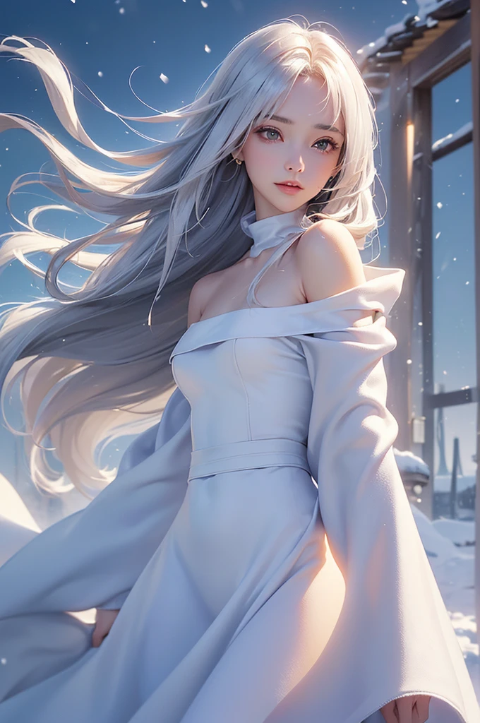 ((masterpiece:1.5、8k、Portraiture、フォトリアリスティックでVery detailedなCG、Very detailed、Particle Effects、Dynamic Effects、Shallow depth of field、Cinematic Light、Lens flare、Ray Tracing、Tabletop、Realistic:1.4、Ultra-high resolution:1.2、Realistic、Realistic))((alone、,A woman wearing a cashmere coat over an off-the-shoulder dress:1.4、Elegant woman posing、Detailed face、bright表情、young, bright, Whiter skin、Ample breasts、Best Looks、Ultimate beauty、Shiny silver hair with highlights、bright and shiny hair,、Super long, Silky straight hair、Hair dancing in the wind))(morning、The setting is outdoors in the snow、Surrounded by illuminations)Wear warm clothes
