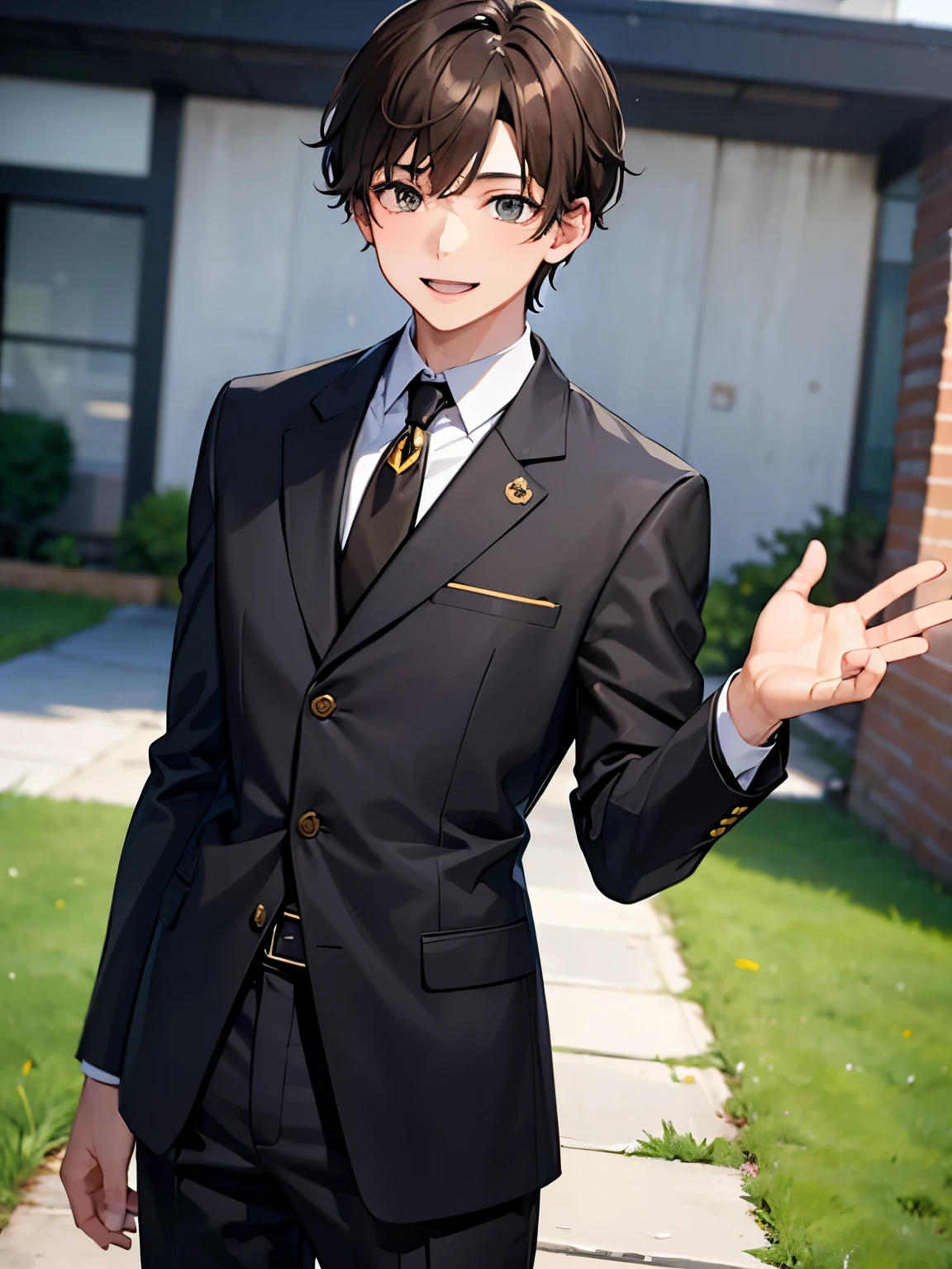 Masterpiece, hd, 1boy, brown hair, smile, happy, highschool boy, wearing school_uniform, (uniform:1.2), black collared shirt, black trousers, gold button, black_uniform, standing, outdoor 