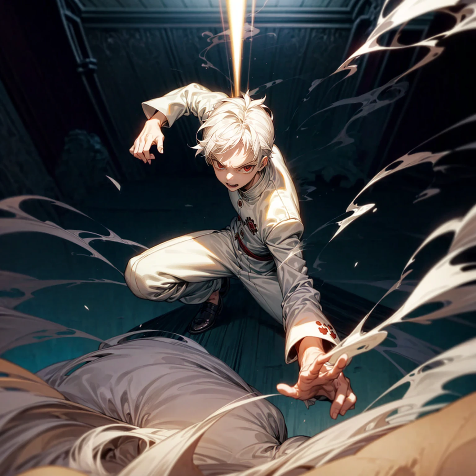 Solo, ??? vampire, ??? boy, Full body version, light red eyes, wavy haircut, white color hair, suit style outfit, Grassroots, full background indoor room Castle, motion blur, lighting, (one piece style art), smoke on hand, smoke in hand, battle gesture 