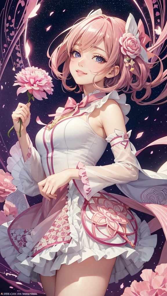 Official Art, unity 8k wallpaper, Very detailedな, Beautiful yet fleeting、beautiful, masterpiece, Highest quality, Japanese style,Pink carnation (zenTangle, Mandala, Tangle, enTangle), Flower Ecstasy,((Madoka Kaname)) One Girl, Very detailed, Dynamic Angle, Cowboy Shot, The most beautiful form of chaos, ((Magical girlまどか☆マギカ)).elegant, Brutalist Design, Vibrant colors, Romanticism, James Jean, Robbie Dawi Anton, Ross Tran, Francis Bacon, It was very cold, Adrianne&#39;genius, Petra Cortright, Gerhard Richter, takato yamamoto, Ashley Wood, Atmospheric,Pink clothes、Pink Hair、Magical girl