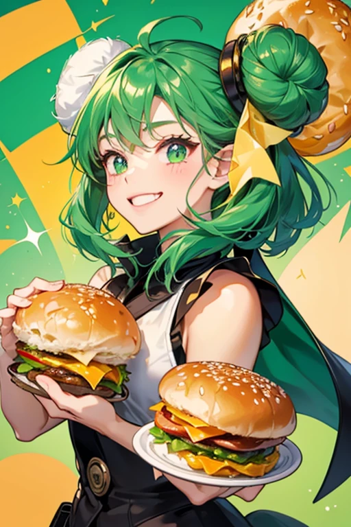 she is a sesame bun with a hamburger patty and cheese. sHe has a winking face and a green flag sticks out of her head. SPARKLE; GLITTER