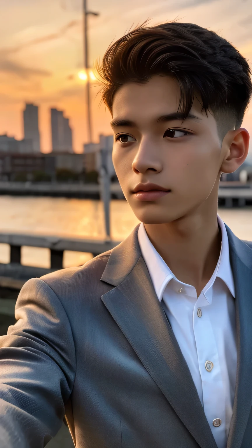 Highest quality, masterpiece, Ultra-high resolution, (Realistic: 1.4), Original photo, wallpaper, Head Photo, skin, Simple Background, Iris, detailed, Selfie, 1 boy, 18-year-old, good looking, Wind,suit、Sunset