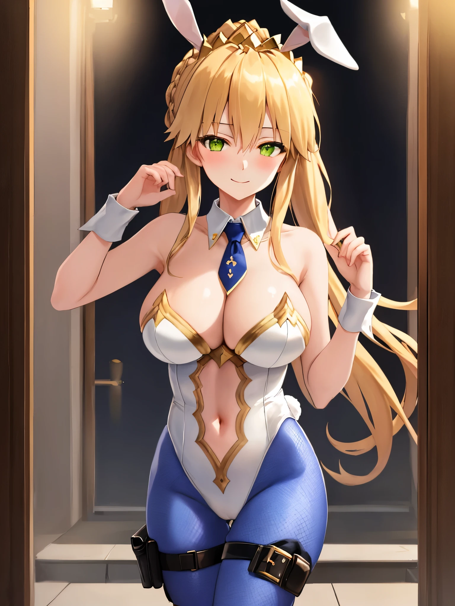 masterpiece, best quality, absurdres, soft lighting, looking at viewer, solo, light_smile, shy,
1girl, ahoge, rabbit ears, playboy bunny, artoria pendragon \(swimsuit ruler\) \(fate\), large breasts , blonde hair, green eyes, french braid,  pony tail
bare shoulders, large breasts , cleavage,
clothing cut out, wrist cuffs, detached collar, navel cutout, feather boa,
white leotard, blue necktie, blue pantyhose, single thigh strap, hands_on_head,put_hands_up,
squat,gorgeous_fountain_landscape_background,solo,rabbit_posing,large_thighs,Extend_fingers,palm,open_legs,.solo