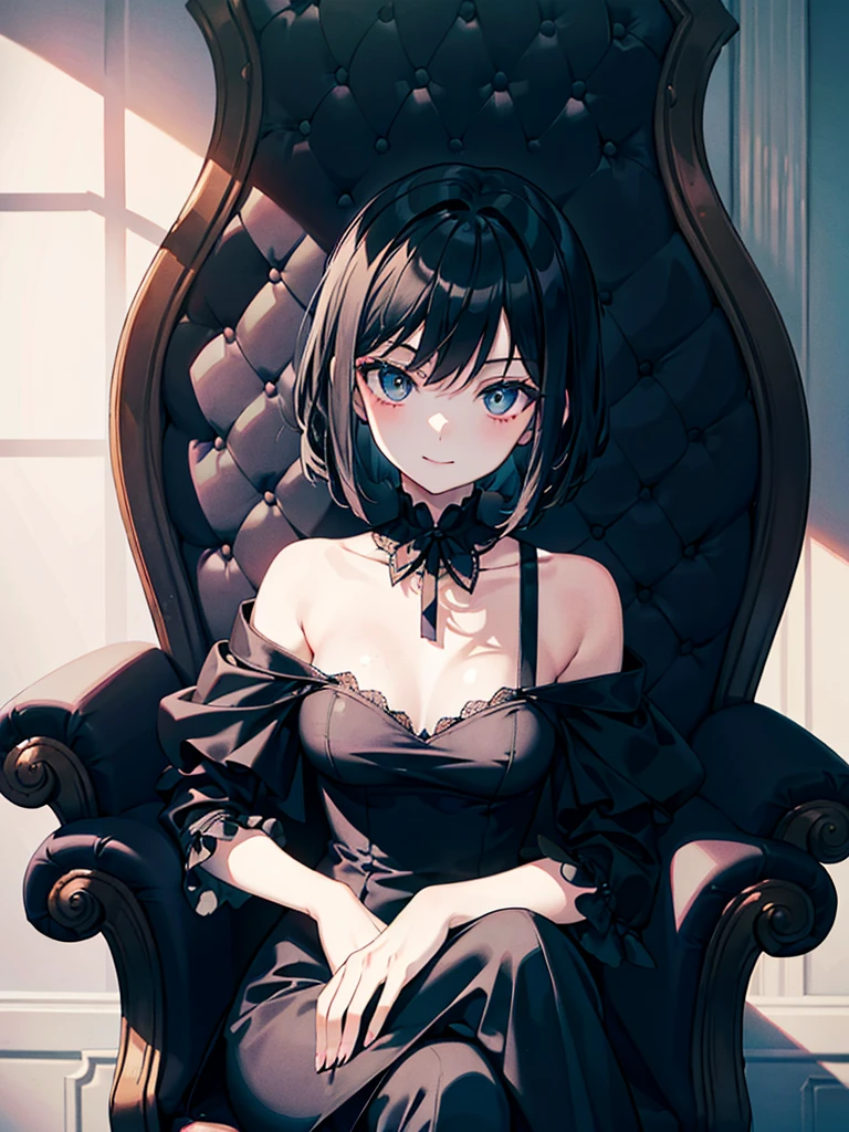 (Extreme quality, perfect image, perfect hands, expressive eyes) A girl sitting in an armchair, cross-legged, looking at the viewer (Dutch angle). She is wearing a rather elegant black dress; her breasts are small; her pale face looks mocking, with a mischievous smile. Her face is mature and soft. (Victorian mansion, soft light, shadows; cool tones). Short black hair