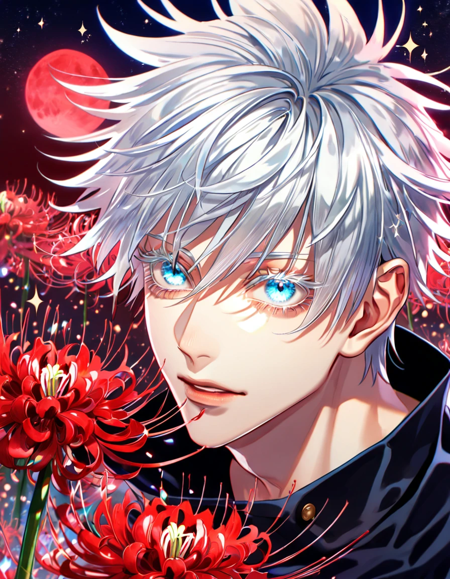 absurdres, highres, ultra detailed, HDR, master piece, best quality, extremely detailed, Gojou Satoru, white hair, expressive blue eyes, white eyelashes, Jujutsu Kaisen, solo, sexy man, handsome, sensual, black uniform, fantasy, red blood water, sparkling, red glittering fireflies, red moon, red blossoms, red spider lilies, red sparkling lights, starry sky, magical