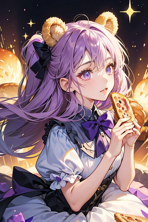 A toasted sandwhich with a basic face and a bite out of the top of her left side in the artwork and bear ears i. She oozes purple jelly from the top and sides, and wears a bow reminiscent of a cookie or the bread crust. SPARKLE; GLITTER