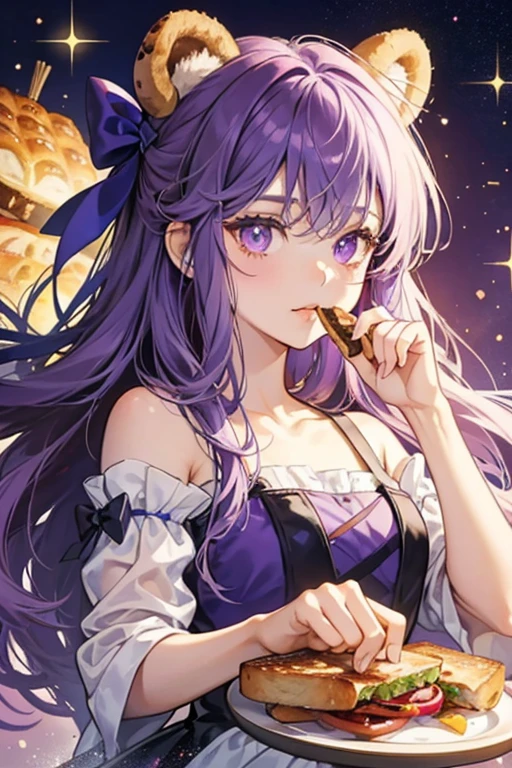 solo, closeup , wearing opulent splendor , closing the eyes, resturant background,sitting on the chair, pizza in the plate on the table, slice of pizza in the hand and eating that,
