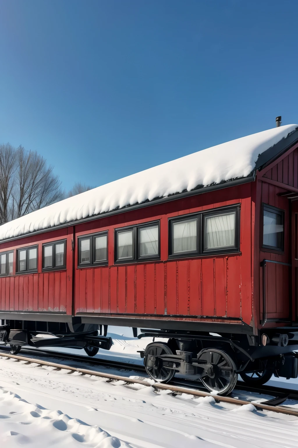 create train cars with red and black colors, also make an environment around it full of snow, leave the wagons aside and looking old, Furthermore, at the top of the side of the wagon, make a sign saying BIRKENAU and also place small air passages on the side of the wagon