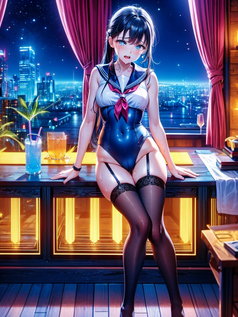 Masterpiece,Highest quality,Highest Resolution,A beautiful girl in a sailor leotard crying,High leg,Knee-high stockings,Bedroom,(((Drink))),Night view outside the window,Tears,Dripping saliva,sweat profusely,whole body,up,Very beautiful eyes,looking at the camera,(((Open your mouth))),