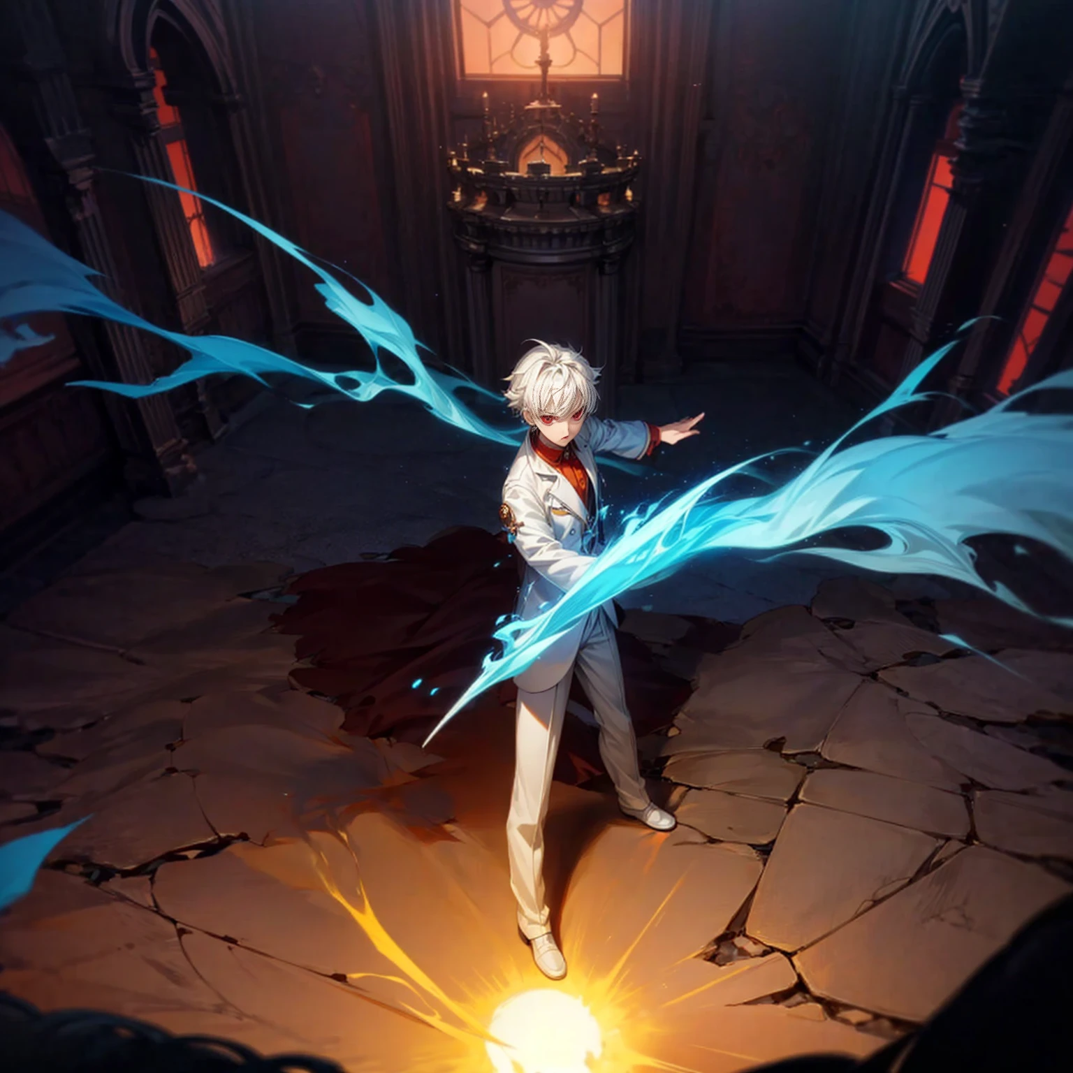 Solo, ??? vampire, ??? boy, Full body version, light red eyes, wavy haircut, white color hair, suit style outfit, Grassroots, full background indoor room Castle, motion blur, lighting, (one piece style art), light fire on hand, light fire in hand, standing gesture, light fire blue, smoke effect, plasma effect, aura effect, evening, high angle view, ultra detailed 