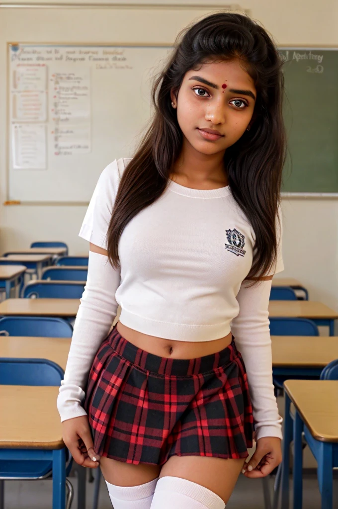 18 year old Indian woman, gorgeous, perfect face, looking at viewer, (wearing makeup), (highly detailed eyes), (wearing catholic school uniform), (plaid micro miniskirt), (white knee socks), standing in classroom