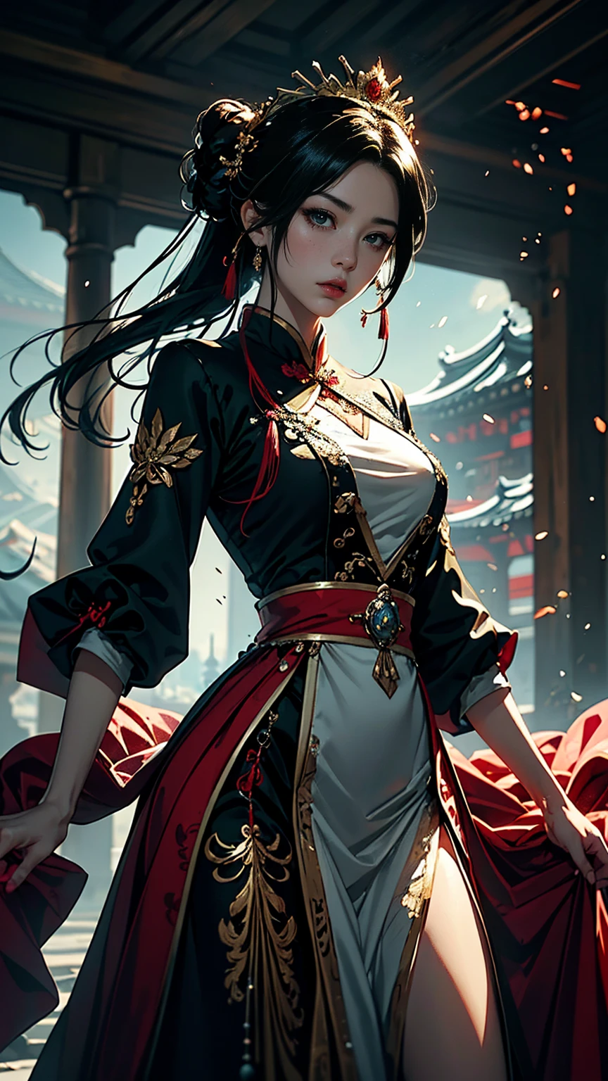 {
"prompt": "Commander Mei Lin, a highly detailed seinen manga style full-body illustration in a 4K resolution, depicted as the Empress’s Wrath. She is shown with fair, flawless skin and long, straight raven-black hair styled in an intricate updo adorned with jeweled pins and a small crown. Her piercing cold gray eyes reflect intelligence, determination, and fierce loyalty. Mei Lin wears an elaborate uniform resembling the ceremonial attire of Empress Xian Li, made from the finest silks in shades of deep red, black, and gold, adorned with intricate embroidery and delicate lace. She carries a ceremonial dagger and sword, with hidden weapons concealed within her attire. The background includes elements of the imperial palace, with a dark, oppressive atmosphere, emphasizing her role as the enforcer of the Empress’s will. The illustration captures Mei Lin’s commanding presence, her cold and emotionless expression, and the aura of power and ruthlessness that surrounds her.",
"size": "1024x1792"
}