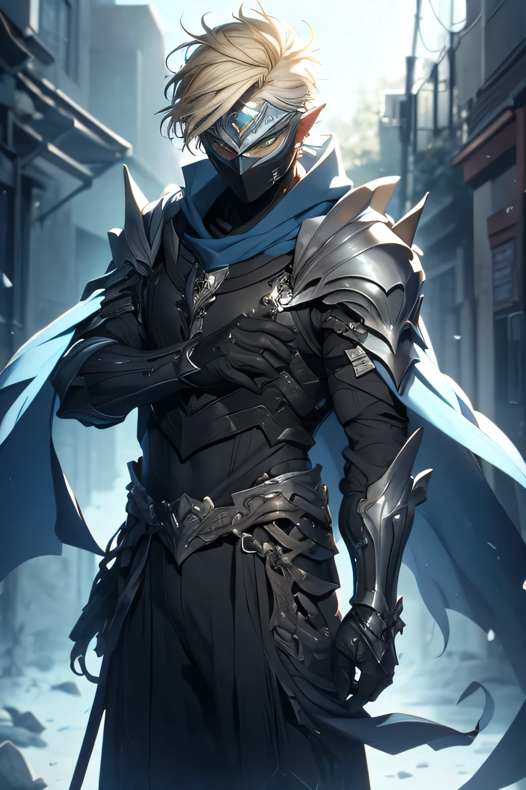 man, blond hair, short hair, green eyes, wears a mask that covers his entire face, only leaving his eyes and ears showing and his hair is also showing, pointy ears, wears a blue cloak with a contrasting black and has a symbol of a dragon with a white sword on it, he wears armor on his waist, holding a mithril dagger in his left hand, and in his right hand holding a silver dagger, the scene is a field full of swords stuck in him