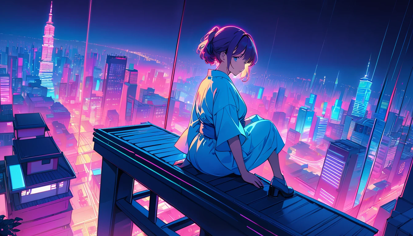 masterpiece,Highest quality,1 Synthwaveガール,Blue outline,Neon cityscape,Blue fluorescent paint,alone,From below,Cowboy Shot,Sitting on the roof of a building,Extremely detailed CG,Flat Color,Limited edition palette,Line art,silhouette,Partially colored,Alternative color,Dynamic Angle,Mizuga Short Bob、Blue Long Upper Champagne,Dark purple shadow,Synthwave,chromatic aberration,(aloneフォーカス)、Perfect Shadow、yukata、Delicate face、、Beautiful and delicate eyes、Delicate background、Blue Neon Light、night、