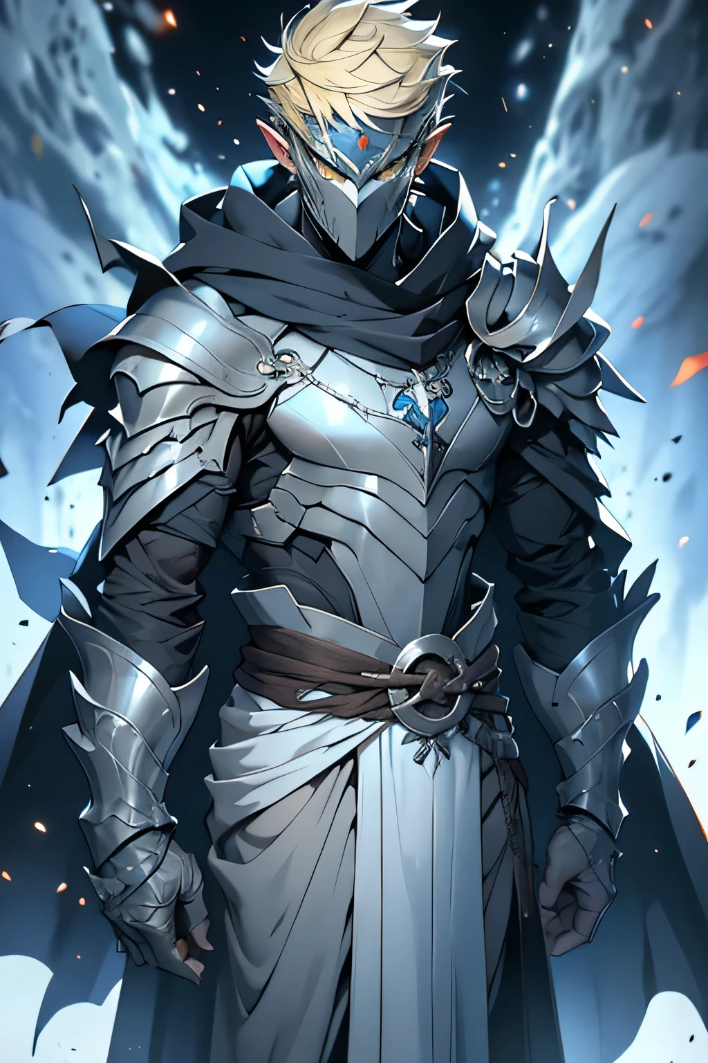 man, blond hair, short hair, green eyes, wears a mask that covers his entire face, only leaving his eyes and ears showing and his hair is also showing, pointy ears, wears a blue cloak with a contrasting black and has a symbol of a dragon with a white sword on it, he wears armor on his waist, holding a mithril dagger in his left hand, and in his right hand holding a silver dagger, the scene is a field full of swords stuck in him