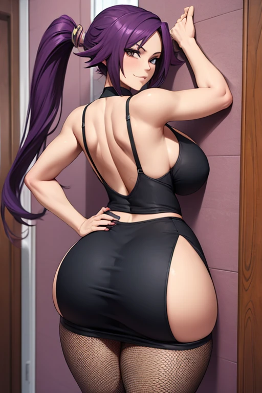 4k, masterpiece, high resolution, 3D art style, Yoruichi, 1girl, mature, long purple hair, slender hips, thick thighs, huge breast, huge round ass, 1 piece black dress, fishnet stocking, facing against the wall, hands above her head, view from behind