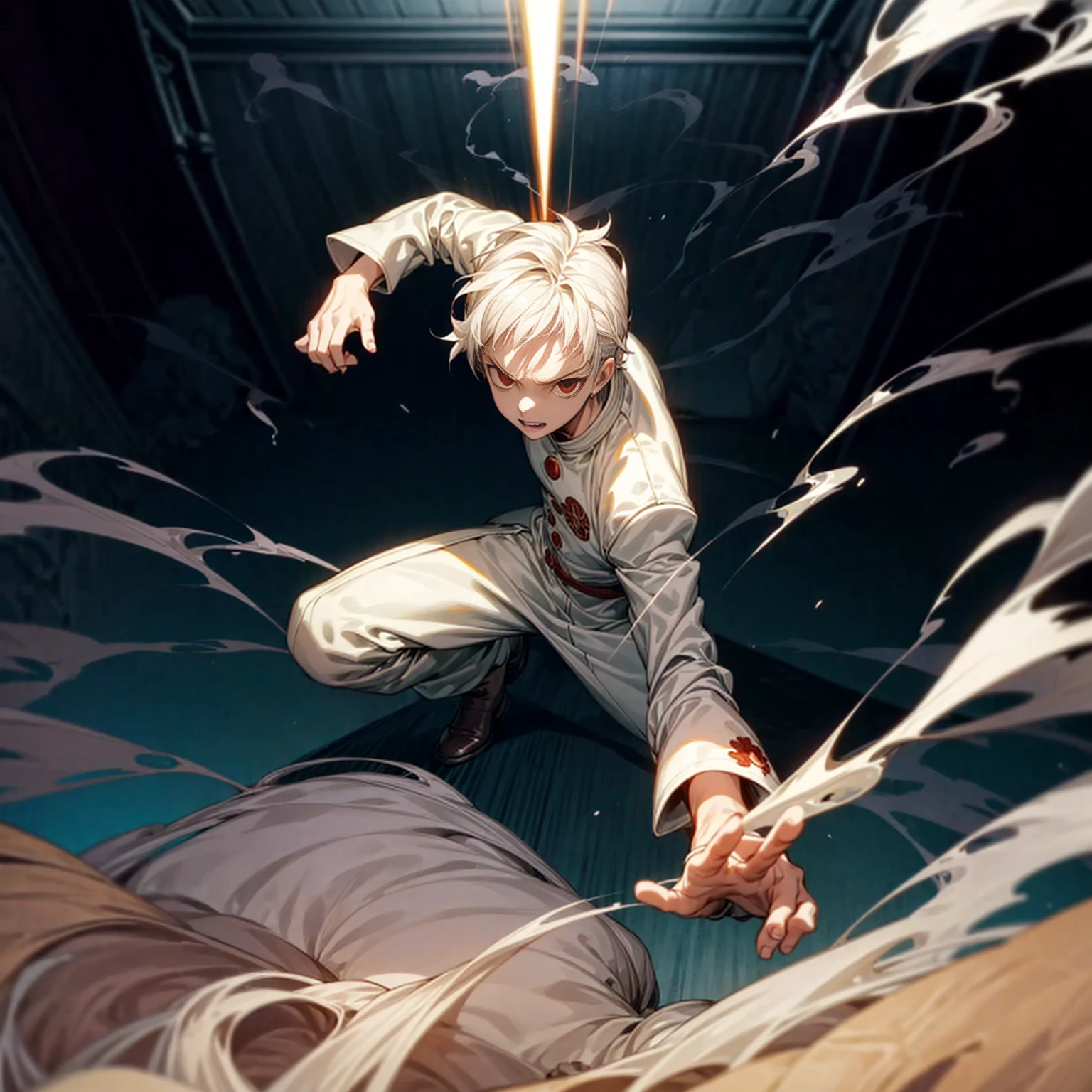 Solo, kid vampire, kid boy, Full body version, light red eyes, wavy haircut, white color hair, suit style outfit, Grassroots, full background indoor room Castle, motion blur, lighting, (one piece style art), smoke on hand, smoke in hand, battle gesture