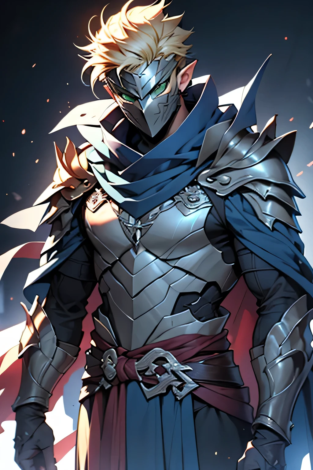 man, blond hair, short hair, green eyes, wears a mask that covers his entire face, only leaving his eyes and ears showing and his hair is also showing, pointy ears, wears a blue cloak with a contrasting black and has a symbol of a dragon with a white sword on it, he wears armor on his waist, holding a mithril dagger in his left hand, and in his right hand holding a silver dagger, the scene is a field full of swords stuck in him