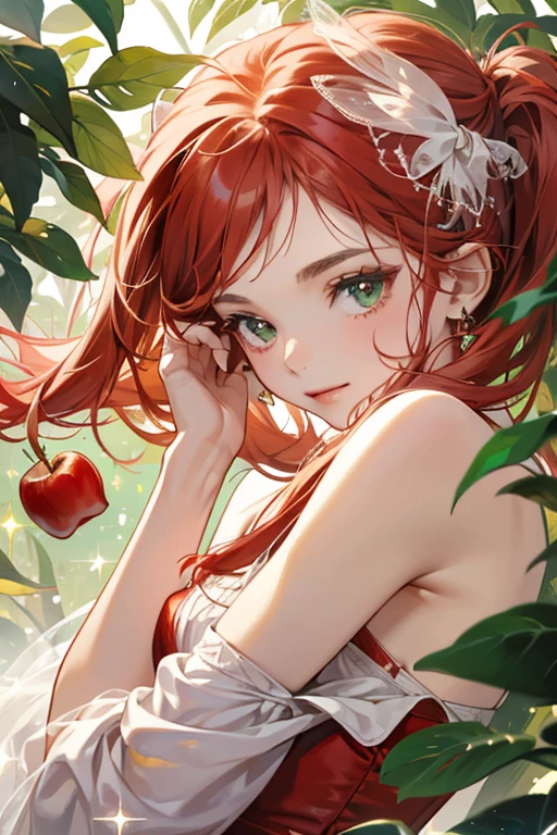 A red apple girl bear Num two green leaf and a small stick out of the top of her head. White caramel covers her face and bottom. She has a classic face. SPARKLE; GLITTER