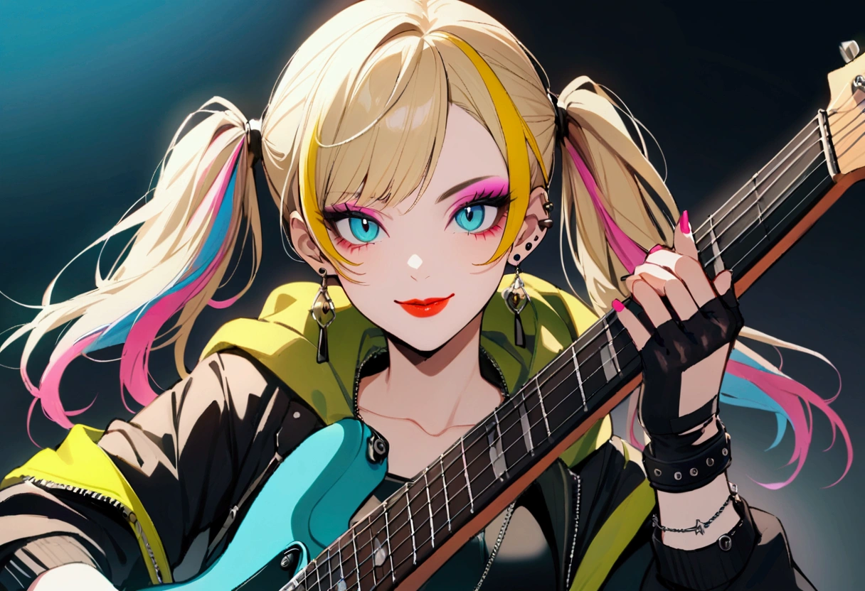slender, mature female,rating:safe, 1girl, solo, blue_eyes, multicolored_hair, twintails, blonde_hair, over_shoulder, hood, jacket, looking_at_viewer, smile, hood_down, jewelry, streaked_hair, piercing, guitar, ear_piercing, bangs, holding, fingerless_gloves, collarbone, lipstick, hooded_jacket, eyelashes, instrument, earrings, open_jacket, blond_hair, eyeshadow, electric_guitar, hoodie, nail_polish, multicolored, short_hair, open_clothes, aqua_eyes, pink_hair, lips