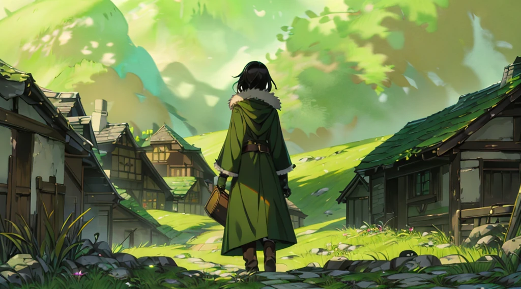 yuichiro hyakuya girl, (WithoutFear:1), 1 girl, black hair, green eyes, brown coat, gray armor, elves, sylvan, green shield, green cloak, dark brown gloves, forest, white fur trim, anime, standing, good quality, portrait, looking at viewer