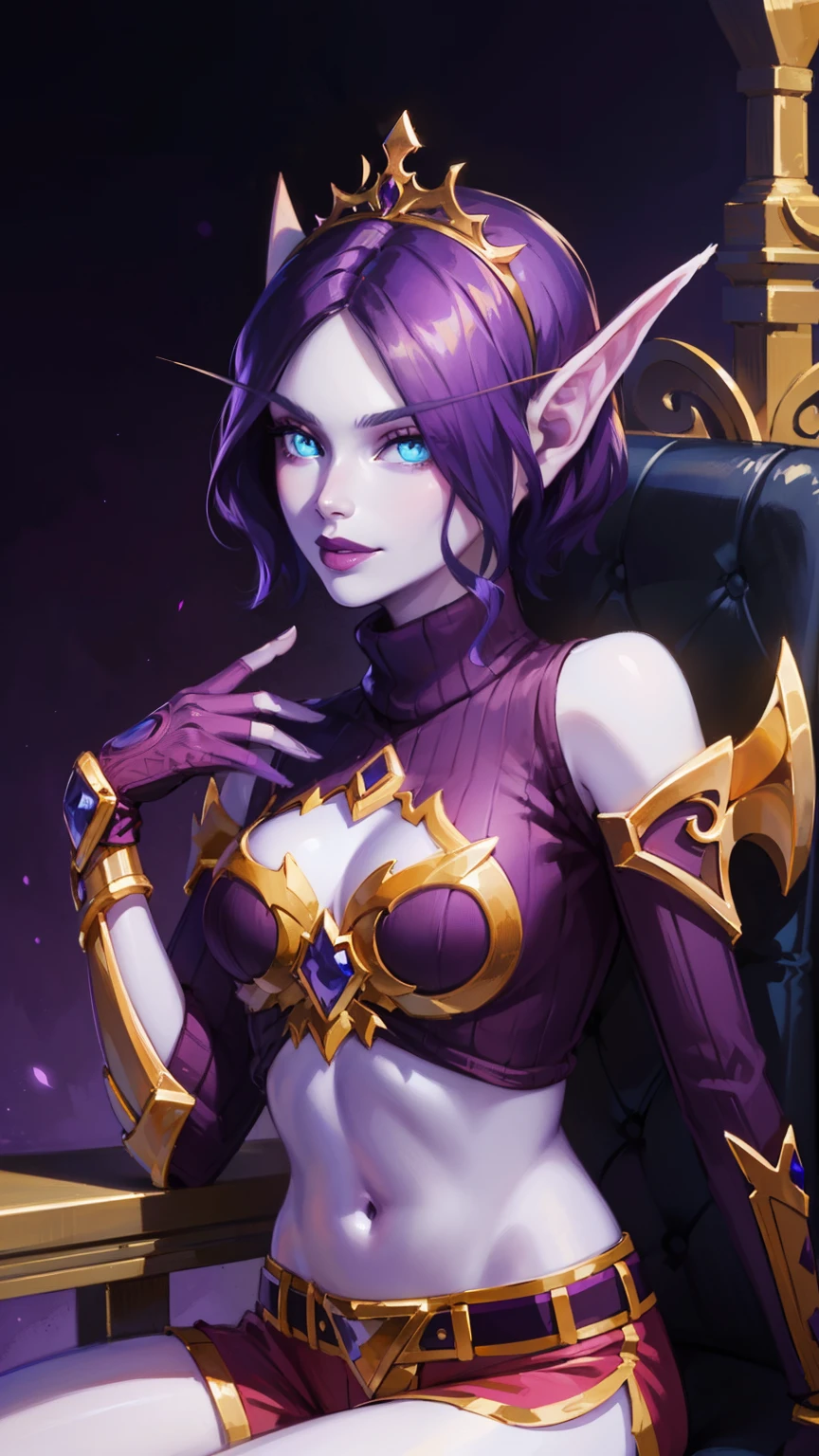 (8K, RAWphotograph, highest quality, masterpiece:1.2), High resolution, Super detailed, intricate details, disorganized, masterpiece, break , beautiful detailed woman, beautifully detailed mouth, highly detailed eyes and face, beautiful and fine eyes, 20 years old girl, (1girl, purple hair, short hair, spiral eyes, smirk, lustful eye, purple lip, licking lips, Tounge out) (digital) (sitting on chair) (looking at viewer), (Purple Forest background), (Gold tiara) (purple Puffy shorts) (Purple Puffy sweater)) , best quality, blue eyes, pointy ears, colored skin, blue skin, sleeves, gloves, Purple clothes, semi crop top, gold trim, voidelf