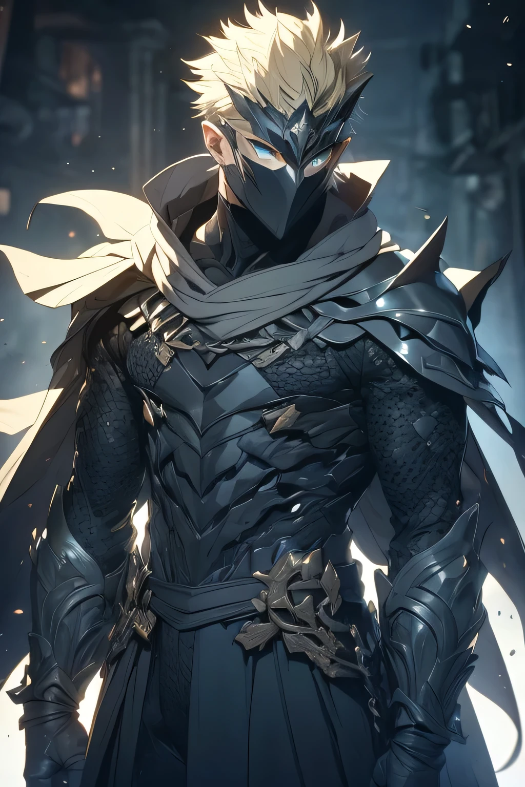 man, blond hair, short hair, green eyes, wears a mask that covers his entire face, only leaving his eyes and ears showing and his hair is also showing, pointy ears, wears a blue cloak with a contrasting black and has a symbol of a dragon with a white sword on it, he wears armor on his waist, holding a mithril dagger in his left hand, and in his right hand holding a silver dagger, the scene is a field full of swords stuck in him