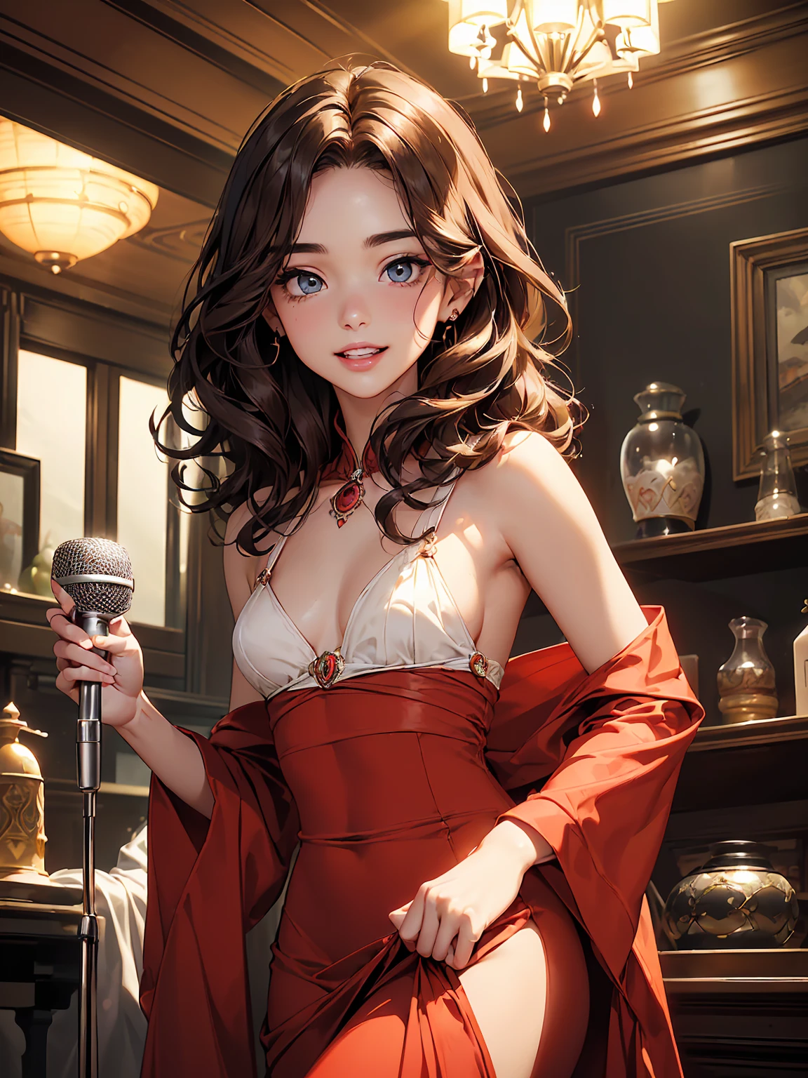 8k、masterpiece, Highest quality, Ultra-high resolution, Highest Resolution, Professional Lighting, Orange lighting、(((Jazz singer)))、(((((Antique long stand microphone)))、Backlight、(((Dark live house)))、Antique lighting、indoor、Cowboy Shot、Dim lighting、１Beautiful woman, Small face、White skin、Turquoise Eyes、Beautiful Eyes、Beautiful eyelashes、Beautiful Eyes、highlight:1.2)、Beautiful legs、chestの谷間、 (Detailed face and iace:1 2)、Almond Eye、(Curly Hair、Voluminous Hair、Thin Hair:1.3)、(Three-dimensional lips、Fuller lipouth half open、Teeth are visible、smile:1.3) 、(Oval Face : 1.4)、(Realistic skin texture, Realistic))、((Detailed face,Round face contour、Brown Hair))、(((medium breasts)))、(((Exposed、chest、Thighs、Red long dress)))、(((Singing)))