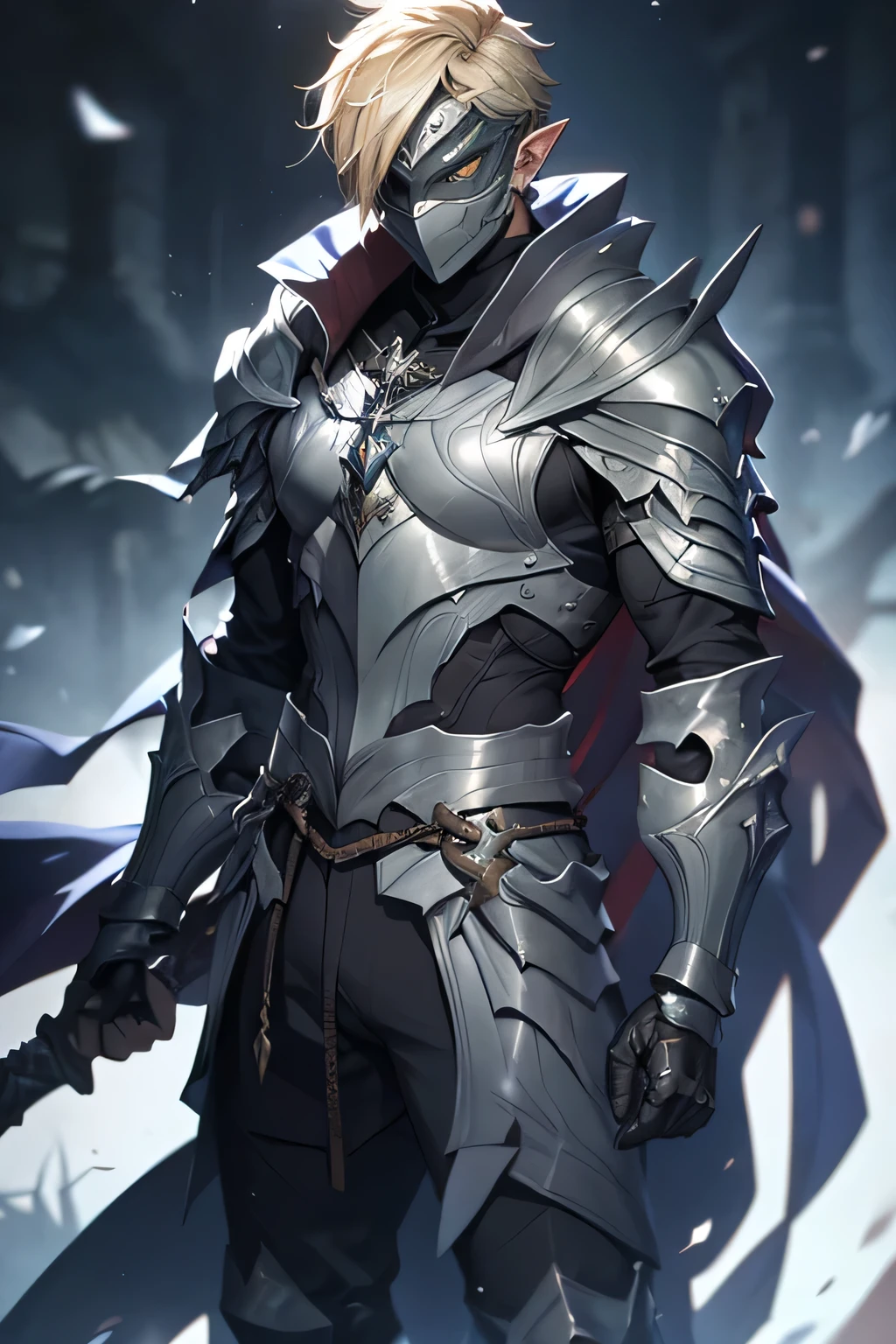 man, blond hair, short hair, green eyes, wears a mask that covers his entire face, only leaving his eyes and ears showing and his hair is also showing, pointy ears, wears a blue cloak with a contrasting black and has a symbol of a dragon with a white sword on it, he wears armor on his waist, holding a mithril dagger in his left hand, and in his right hand holding a silver dagger, the scene is a field full of swords stuck in him