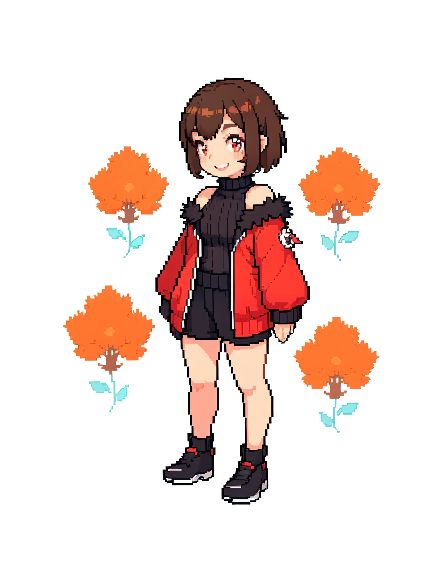 pixel，white background, full body, standing,charaSF,smile, 1girl, solo, short hair, brown hair, red eyes, collar, black jacket, off shoulder, fur trim, red sweater, ribbed sweater, turtleneck, shoulder cutout, long sleeves, black shorts, blush sticker,dog collar,black shoes,bitdstyle monochrome,
