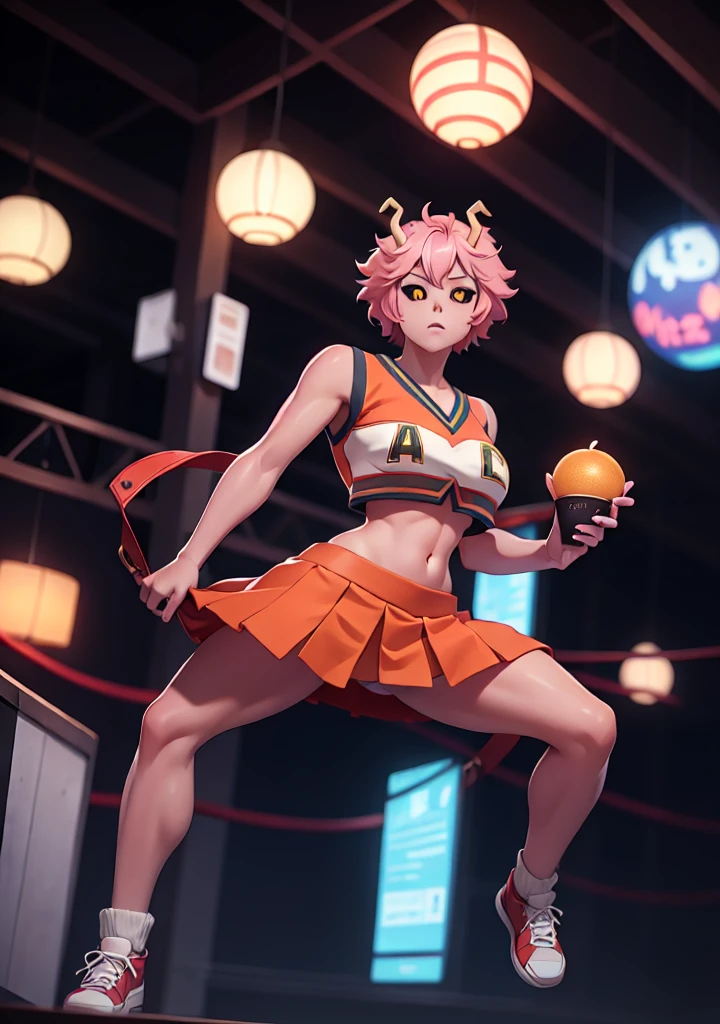 mina ashido, 1girl, solo, looking at viewer, short hair, simple background, yellow eyes, pink hair, horns, colored skin, colored sclera, black sclera, pink skin, U.A. CheerUniform, orange skirt, (bare belly), perfect shading, bare shoulders, big breasts