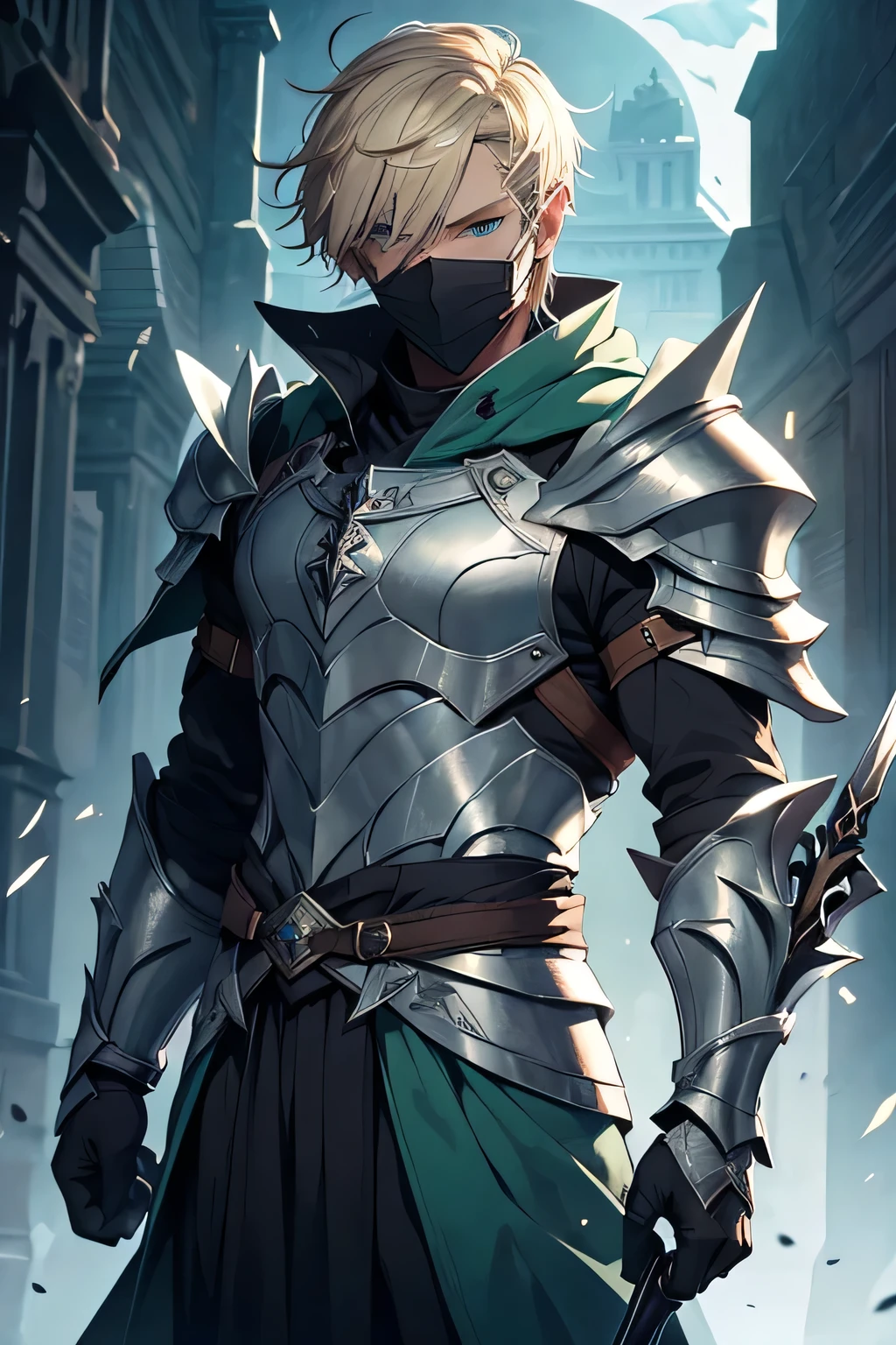 man, blond hair, short hair, green eyes, wears a mask that covers his entire face, only leaving his eyes and ears showing and his hair is also showing, pointy ears, wears a blue cloak with a contrasting black and has a symbol of a dragon with a white sword on it, he wears armor on his waist, holding a mithril dagger in his left hand, and in his right hand holding a silver dagger, the scene is a field full of swords stuck in him