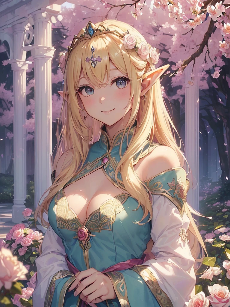 highest quality、Highest image quality、masterpiece、beautiful face、、Titania、Super beautiful elf beauty((22 years old OL big bust、bust 90,beautiful long ironed hair、blonde、Height: 165cm。slender、sexy、Esbian、beautiful tiara、night、High quality、美しいart、Beautiful bed、canopy、Sky curtain、muste piece、ビジュアルart、Depth of the bounds written、、elf ears、、Lightのmagic、universe、A happy smile、穏やかなLight、Elven Forest、cherry blossoms、、elegant、ticker beautiful decorative、marble columns、fresco、Mosaic floor、mystical rosa、Rose、flower瓶、magicのflower、flowerを作るmagic、Light、 the sky、beautiful dressy、beautiful dresyth、ART、Lord of the Ring、sexy、friendly smile、Fantastic、cherry blossoms、舞い散るflowerびら、cherry blossomsのflower、universeのmagic、magicのLight、fantasy、flower、super REALITYたくさんのRose、magic、Interior decoration、Many tapestries、Grow fantasy、、mysteryのLight、byzantine、renaissance、Art nouveau、alphonse Mucha、、art、art,mystery,UHD,magicalgentle light,sexy、