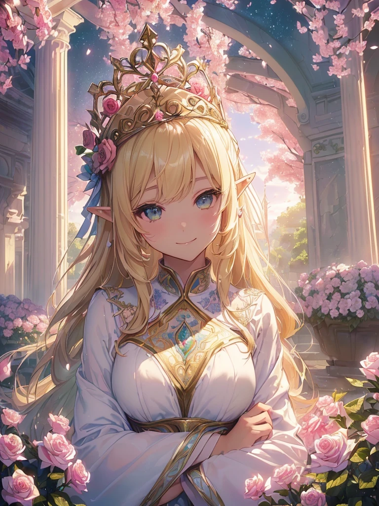 highest quality、Highest image quality、masterpiece、beautiful face、、Titania、Super beautiful elf beauty((22 years old OL big bust、bust 90,beautiful long ironed hair、blonde、Height: 165cm。slender、sexy、Esbian、beautiful tiara、night、High quality、美しいart、Beautiful bed、canopy、Sky curtain、muste piece、ビジュアルart、Depth of the bounds written、、elf ears、、Lightのmagic、universe、A happy smile、穏やかなLight、Elven Forest、cherry blossoms、、elegant、ticker beautiful decorative、marble columns、fresco、Mosaic floor、mystical rosa、Rose、flower瓶、magicのflower、flowerを作るmagic、Light、 the sky、beautiful dressy、beautiful dresyth、ART、Lord of the Ring、sexy、friendly smile、Fantastic、cherry blossoms、舞い散るflowerびら、cherry blossomsのflower、universeのmagic、magicのLight、fantasy、flower、super REALITYたくさんのRose、magic、Interior decoration、Many tapestries、Grow fantasy、、mysteryのLight、byzantine、renaissance、Art nouveau、alphonse Mucha、、art、art,mystery,UHD,magicalgentle light,sexy、