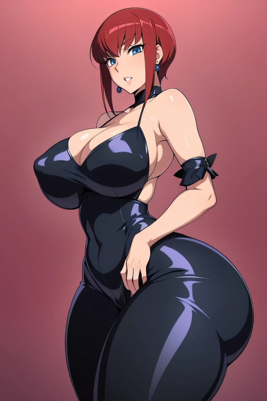 High resolution, Code Geass Art Style, Karen Stadtfeld 1girl, (((Slut))), Short Red Hair, blue eyes, Earrings, Swollen lips, Painted lips, Thick lips, Wide Hips, Thick thighs, Huge breasts, Huge Ass, expose one's cleavage, erotic, Sexy Face, Bubble Butt, Camel Toe, pink bunny costume, feet, expose one's cleavage