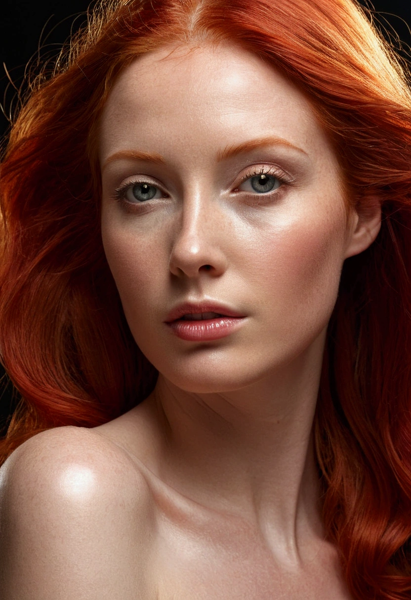 realistic image of beautiful woman with a sculptural body and perfect face, red-hair, blue eyes, detailed lips, (realistic textured skin:1.2), sweaty body, hard breasts, muscular body, nude, professional cinematic frontal lighting, (hyper realistic image, high resolution, 4k)