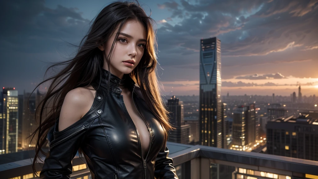 ((masterpiece, best quality, Highest image quality, high resolution, Reality, RAW photos, 8K)), Future city ruins，standing on top of the building，Beautiful girl，Tight leather jacket，Off-shoulder，Large Breasts，Long hair，（Black Wings），Pretty face，Closed mouth，dramatic，Mid-range portrait，dusk