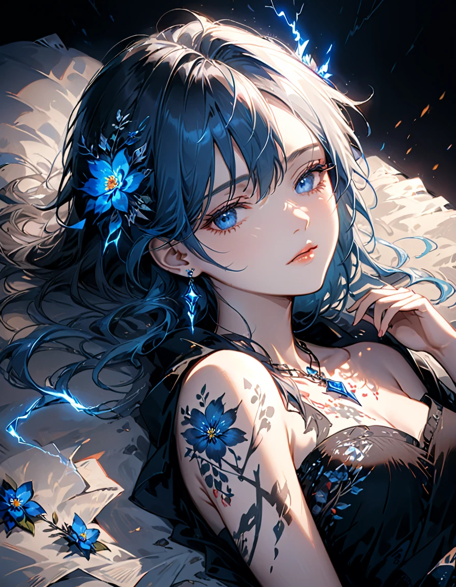 (Harry Clark (Harry Clarke) style:0.8),圣地亚哥·卡鲁索style, 1 Girl,Black background，Lying down，Close your eyes，Gray blue hair，Messy soft hair，Bare shoulders，（Blue Flower Tattoo On Chest),(Gorgeous and exquisite tattoo:1.8)，necklace，Diamond and sapphire earrings，Black shirt， rest (((Black)))，(((dark)))，(((Low-key lighting)))，(((dark art)))，(((Blue lightning effect)))，Portrait close-up， rest Textured Skin,Textured Skin,Textured Skin,Super Detail,best quality,high resolution,masterpiece
