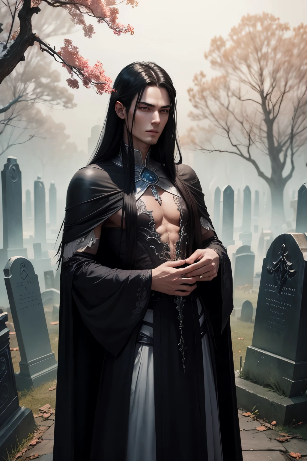 A tall and handsome archdemon, he is holding in a possessive embrace a beautiful young sorceress with fair skin and long black hair, they are surrounded by crumbling tombstones in a foggy cemetery, there is a mystical aura around them.