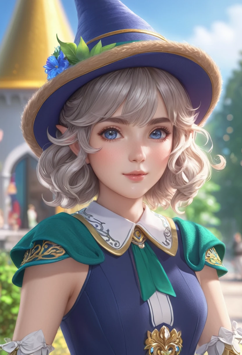 1girl, elf, short curly hair with bangs, preppy style, French girl, wearing a cute hat, detailed facial features, intricate hairstyle, (best quality,4k,8k,highres,masterpiece:1.2),ultra-detailed,(realistic,photorealistic,photo-realistic:1.37),HDR,UHD,studio lighting,ultra-fine painting,sharp focus,physically-based rendering,extreme detail description,professional,vivid colors,bokeh,fantasy,whimsical,soft lighting,warm tones