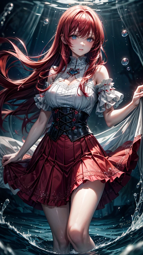 Red haired, young woman, fantasy, wearing a Billowing skirt i fused with water droplets, defined waistband, and lace added, dark lighting, glowing water droplets, water droplet dress, light blue water droplets
