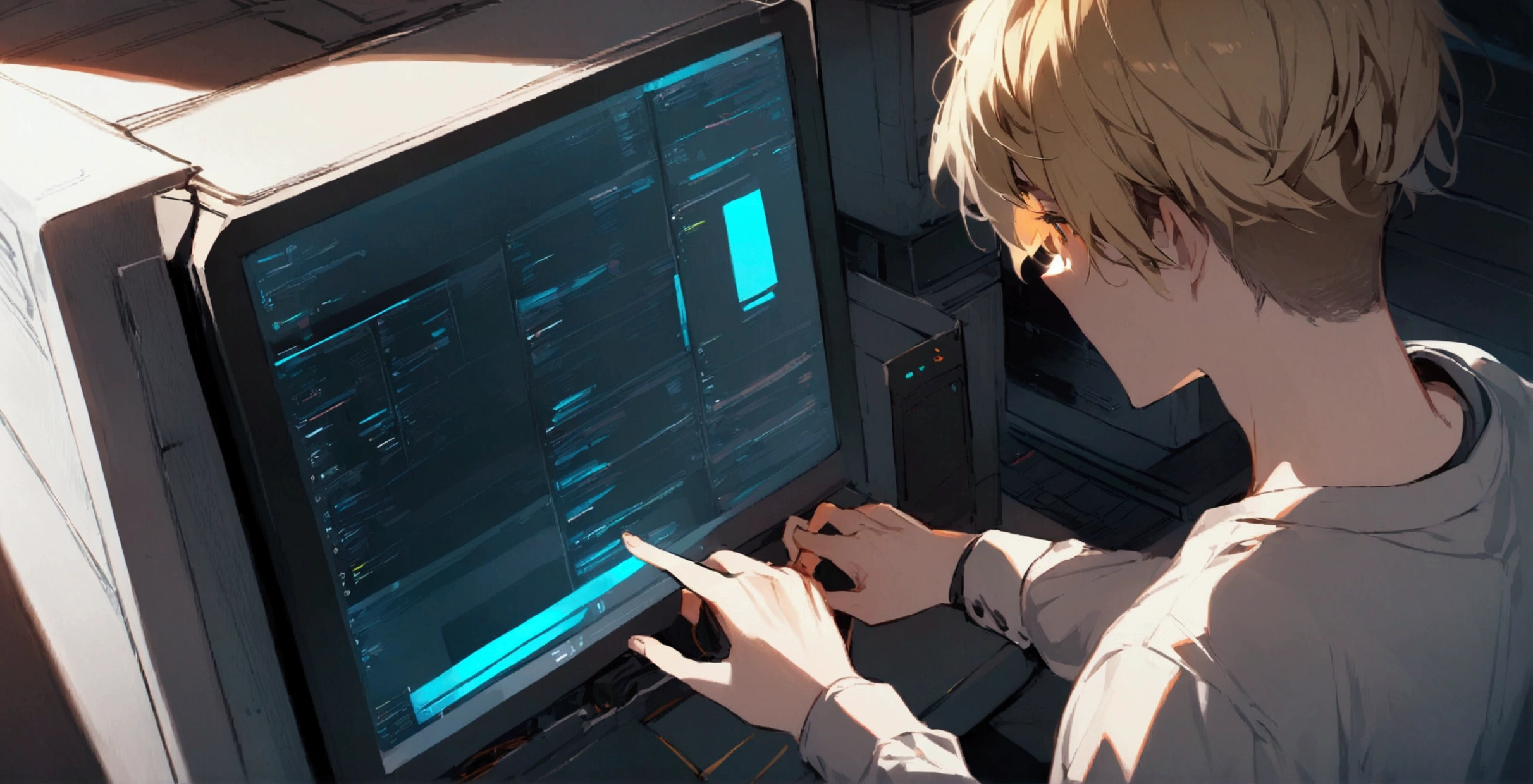A boy with short brown and yellow hair、((Touching a computer))