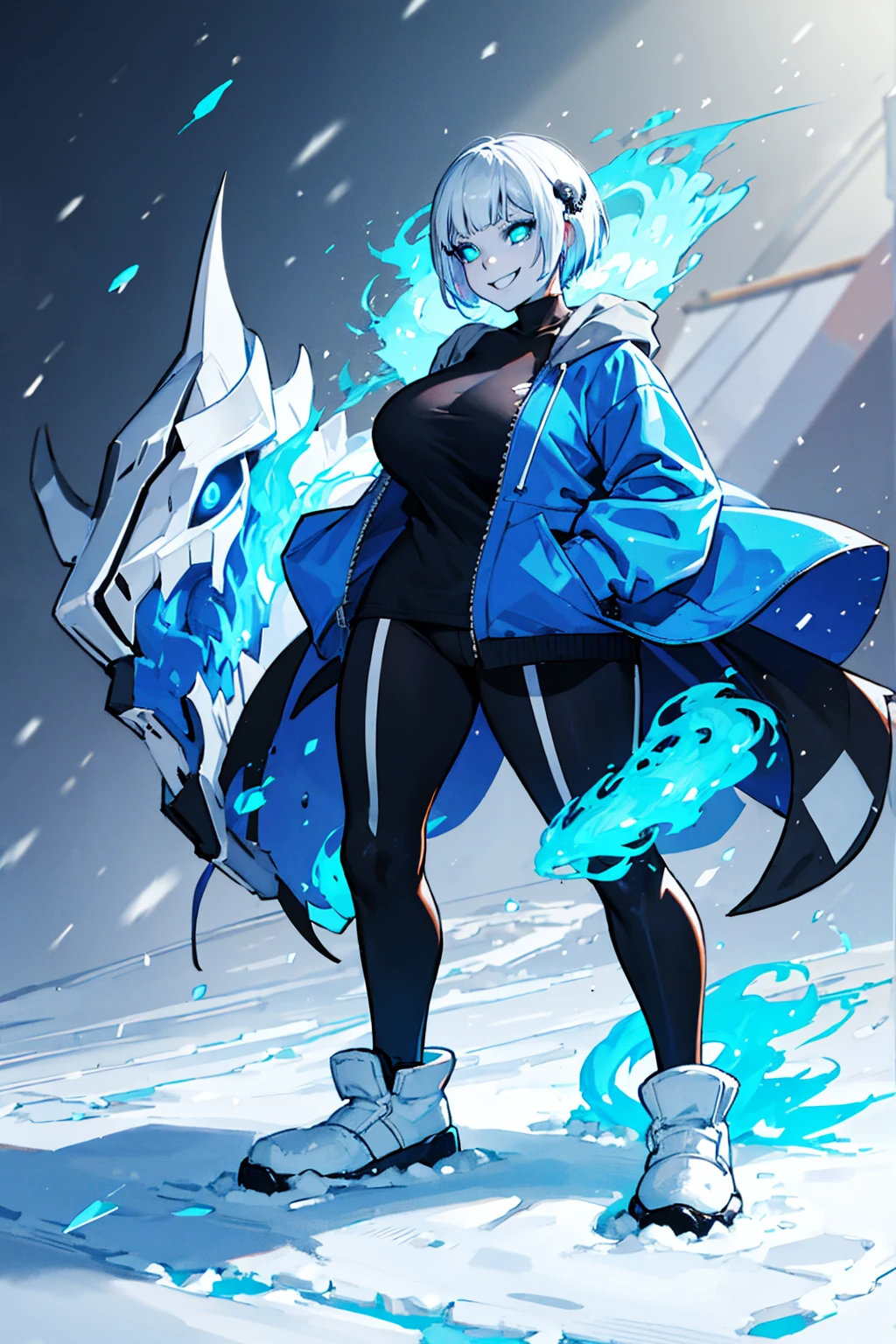 Sans blue jacket black shirt fire eyes skull smile long eyelashes white short hair glowing face blue dragon skull cannon standing alone in the snow town Femininefull Super huge big breasts breast enlargement full-body shot